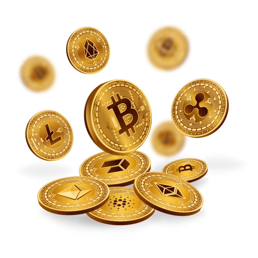 Illustration of Coins with cryptocurrency logos